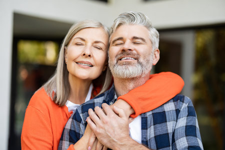 Senior man and woman together near their house looking happy and contentedの写真素材