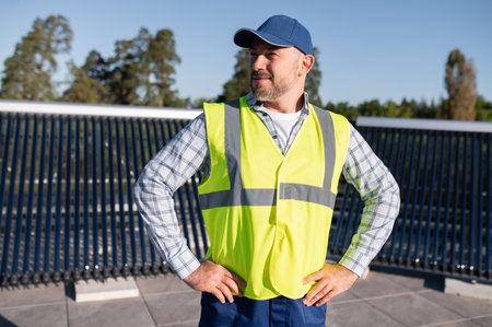 Engineer standing confidently at renewable energy installation siteの写真素材