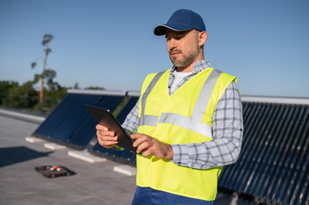 Engineer analyzing solar performance data on tablet near panelsの写真素材