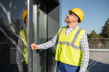 Engineer inspecting modern building facade
