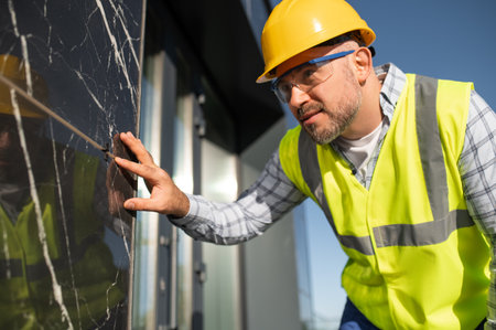 Worker examining exterior wall surface for quality and finishの写真素材