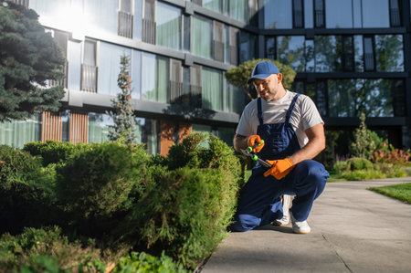 Male landscaper shaping shrubs with garden shears in front of buildingの写真素材