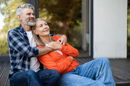 Gray-haired bearded man hugging woman tenderly and both feeling relaxedの写真素材