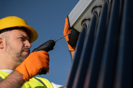 Man in hard hat repairing solar heating equipment outdoors