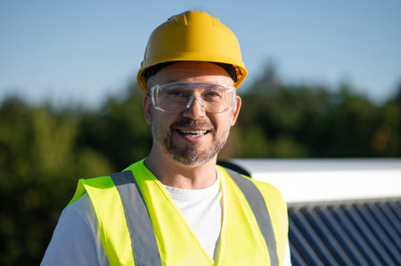 Technician standing confidently on rooftop posing near solar panels