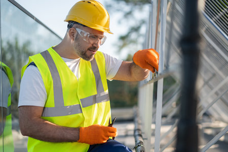 Technician working on rooftop installing and inspecting solar panels