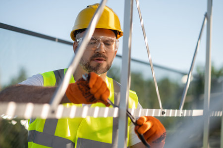 Male worker maintaining solar energy system outdoorsの写真素材