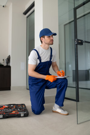 Technician installing handles and locks on glass doorsの写真素材