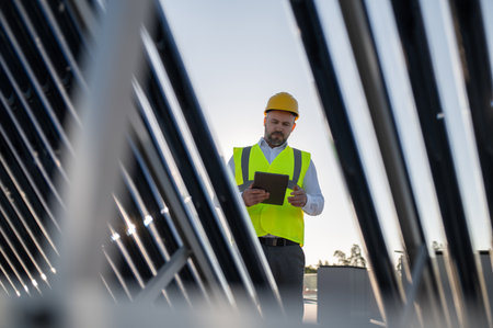 Male engineer inspecting solar panels with tablet outdoors