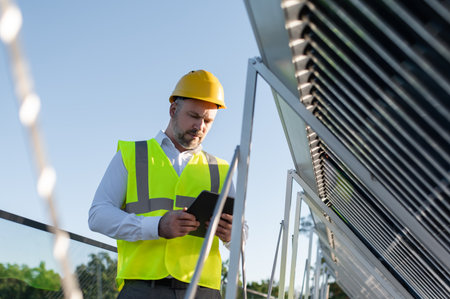 Man at renewable energy station controlling equipment through digital device