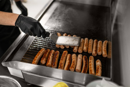 Cook preparing sausages on hot stainless steel surface in kitchenの写真素材