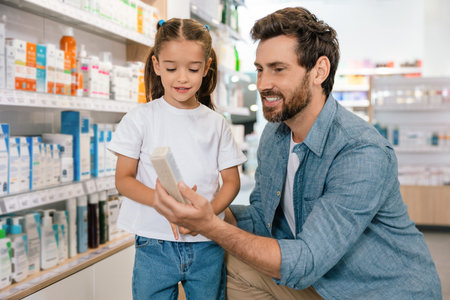 Dad supporting daughter choosing product in pharmacyの写真素材