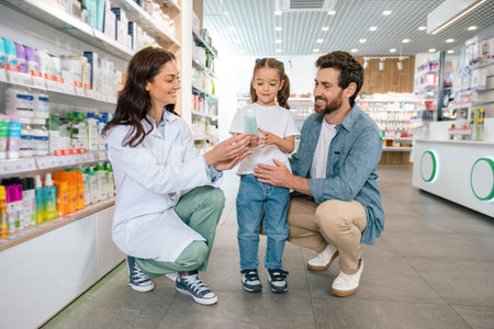 Pharmacist helping father and daughter choose product in pharmacyの写真素材