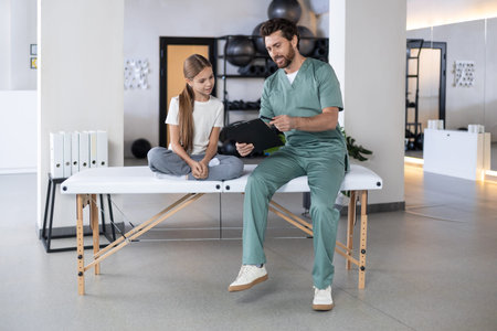 Male doctor talking to young girl during consultation