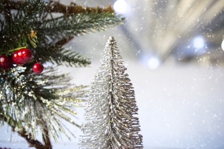 Christmas tree with beautiful fir branches on a light backgroundの写真素材