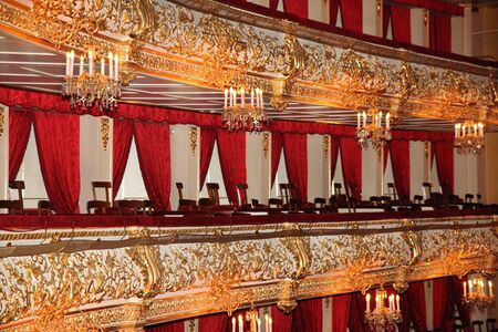 Balconies with chandeliers and spectator chairs at the Bolshoi theatre. Moscow. 26.04.2018のeditorial素材