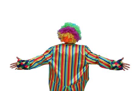 Man in colorful wig and clown costume isolated on white backgroundの写真素材