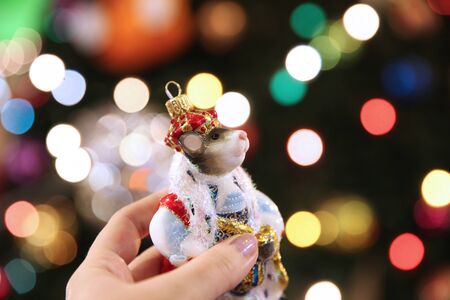 Symbol of the year 2020, Christmas glass toy rat in hand on the background of Christmas tree lightsの写真素材