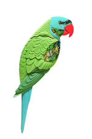 Parrot, light green with turquoise, with beads, creative, isolated on a white backgroundの写真素材