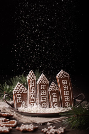 Gingerbread houses in powdered sugar on a dark background. Selective focus.の写真素材