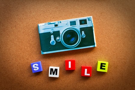 alphabet and camera made by plastic on wood board,for youの写真素材