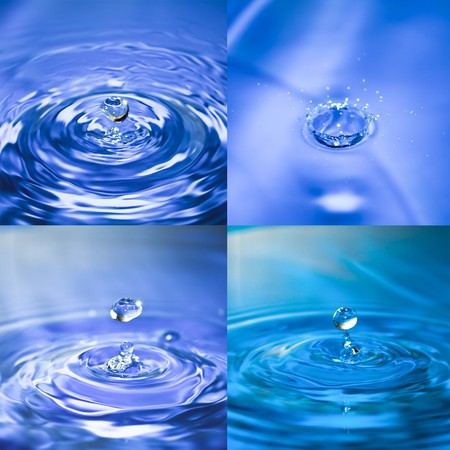 Clean blue drop of water splashing in clear water. Abstract blue backgroundの写真素材