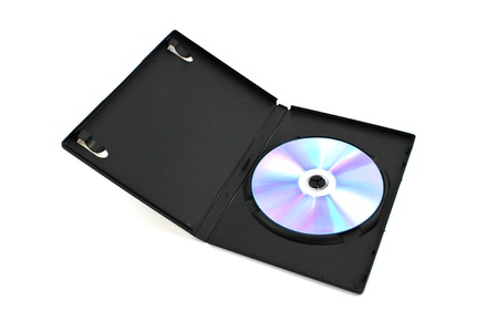 Black box with writable DVD disc inside isolated on white background.の写真素材