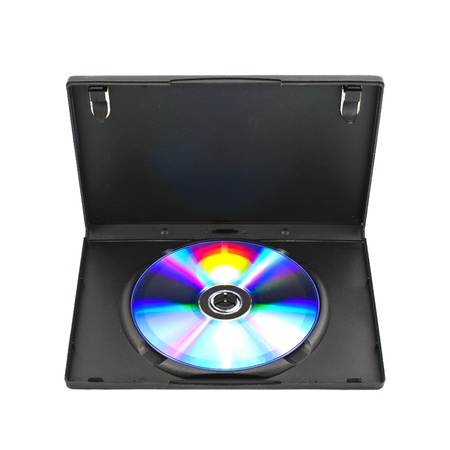 Black box with writable DVD disc inside isolated on white background.の写真素材