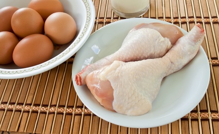 poultry and egg on tableの写真素材