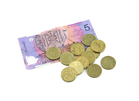 Australian Currency notes and coins isolated on white background