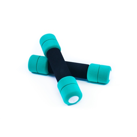 Couple of blue dumbbells isolated on whiteの写真素材