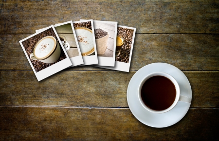 coffee in  film and coffee cup on wood boardの写真素材