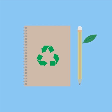 notebook and pencil with green leaf, conservation conceptのイラスト素材
