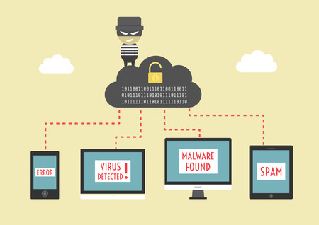 hacker send virus from cloud to your device, beware illegal server, vector illustration, flat style