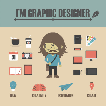 set of graphic designer's equipment, retro styleのイラスト素材