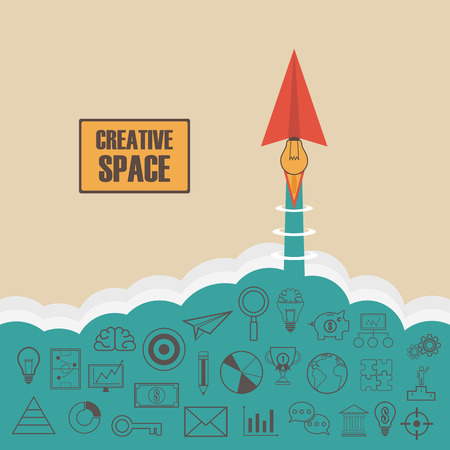 paper plane's engine is idea, can launch to creative space like a rocket, thinking concept, flat styleのイラスト素材