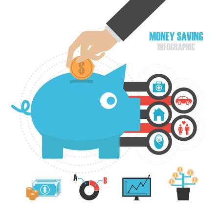 piggy bank with icon, money saving reason, isolated on white backgroundのイラスト素材