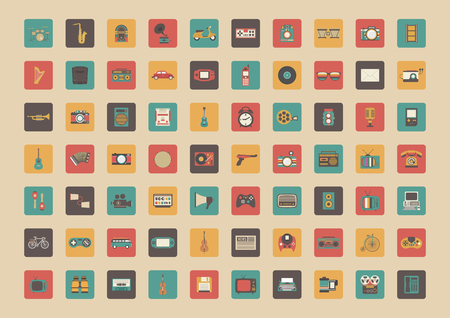 all retro icon set, music, vehicle, game and other technology,  pastel styleのイラスト素材
