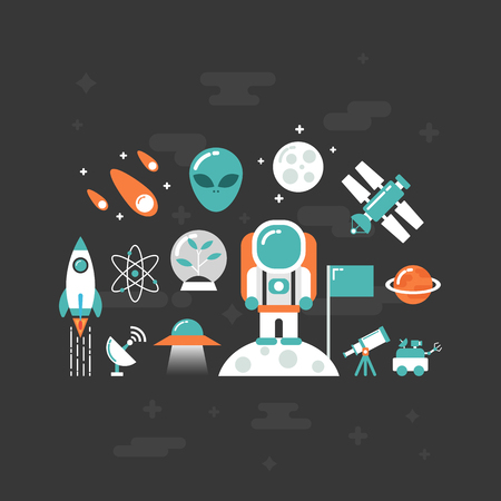 set of astronomy flat icon, flat style, isolated on white backgroundのイラスト素材