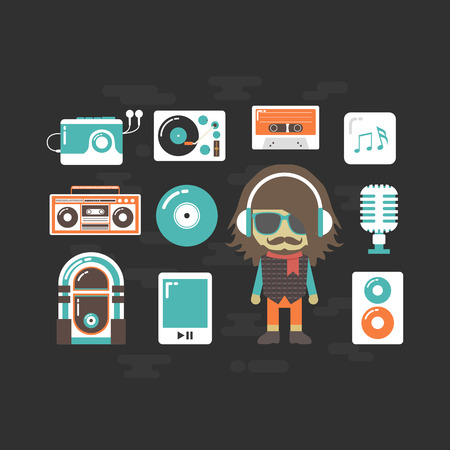 set of old style listening gadget with DJ, retro revivalのイラスト素材