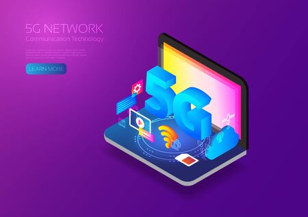 5G network wireless technology, Isometric computer with gadgetのイラスト素材