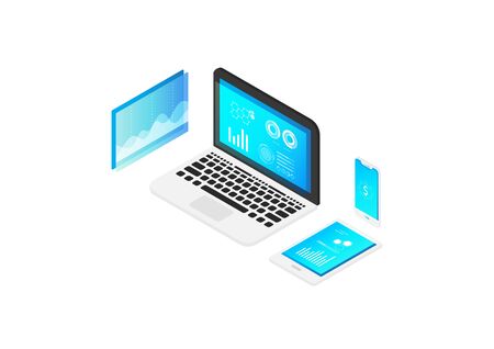 Isometric gadget, data analysis, online marketing researchのイラスト素材