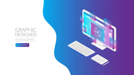 Isometric graphic designer with tool icon