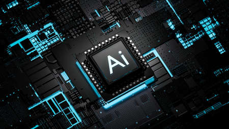 Artificial intelligence processor, smart microchip, 3D illustration