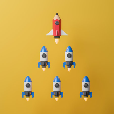 Pencil rocket leader, mission to the moon, 3d illustrationの写真素材