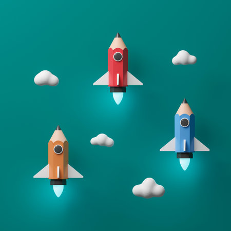 Pencil rocket launch, mission to the moon, 3d illustrationの写真素材