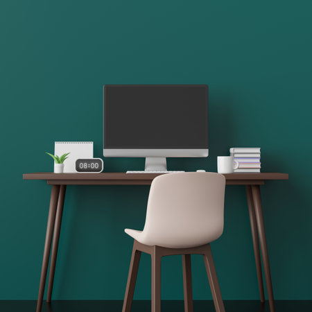 Home office, retro workspace, 3d renderingの写真素材