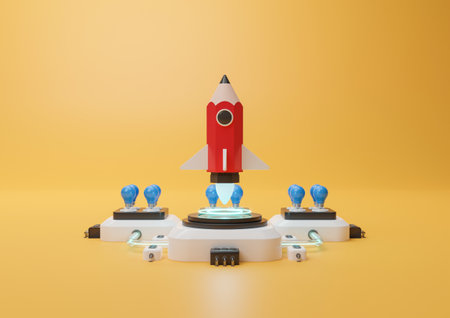 Pencil rocket launch by creative idea, mission to the moon, 3d illustrationの写真素材