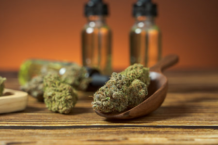 Heap of Organic Marijuana buds with hemp oilの写真素材