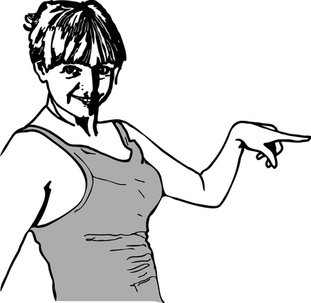 black and white sketch of a girl showing a finger directionのイラスト素材